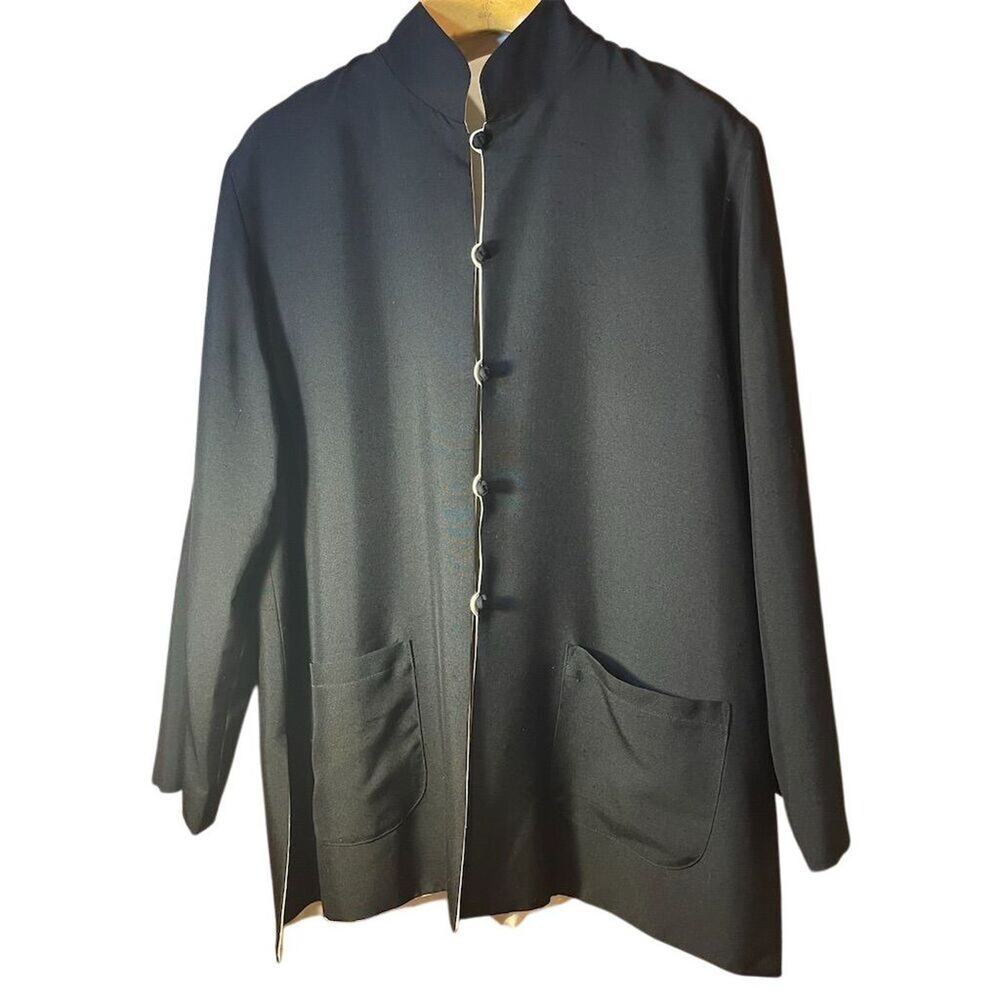Anne Namba minimalist Unisex Black Ivory Silk Reversible Mandarin Jacket Sz L